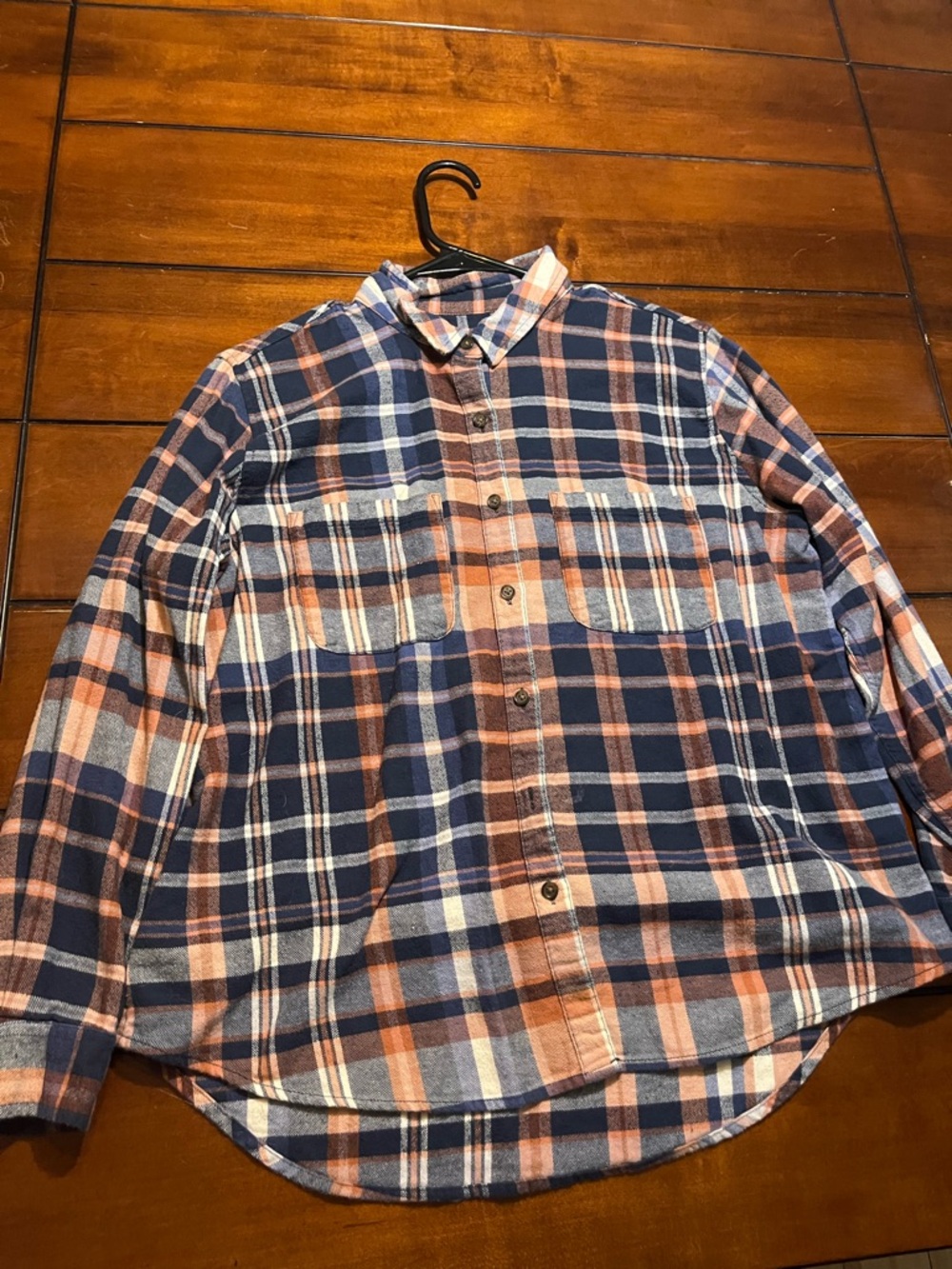 Long-Sleeve Navy and Rust Plaid Shirt